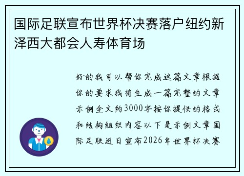 国际足联宣布世界杯决赛落户纽约新泽西大都会人寿体育场